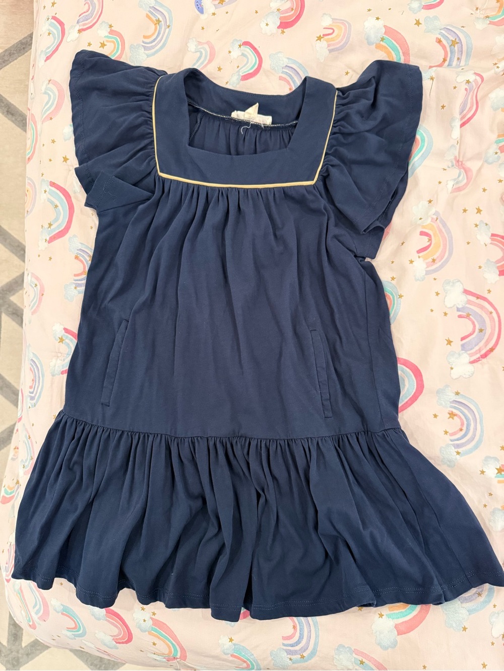 Imoga Girls Navy Blue Ruffled Dress with Square Yoke